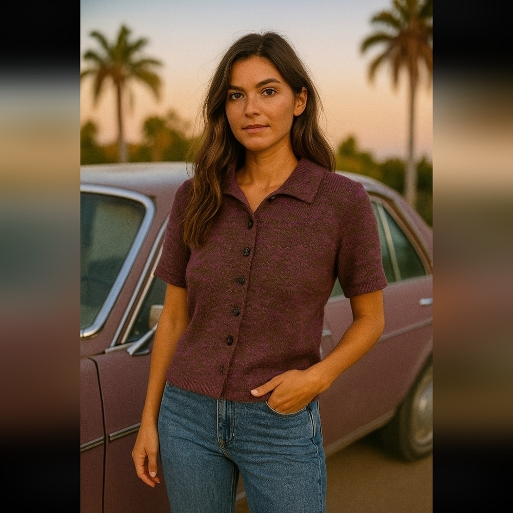 Peruvian Connection Purple Button Down Polo Sweater